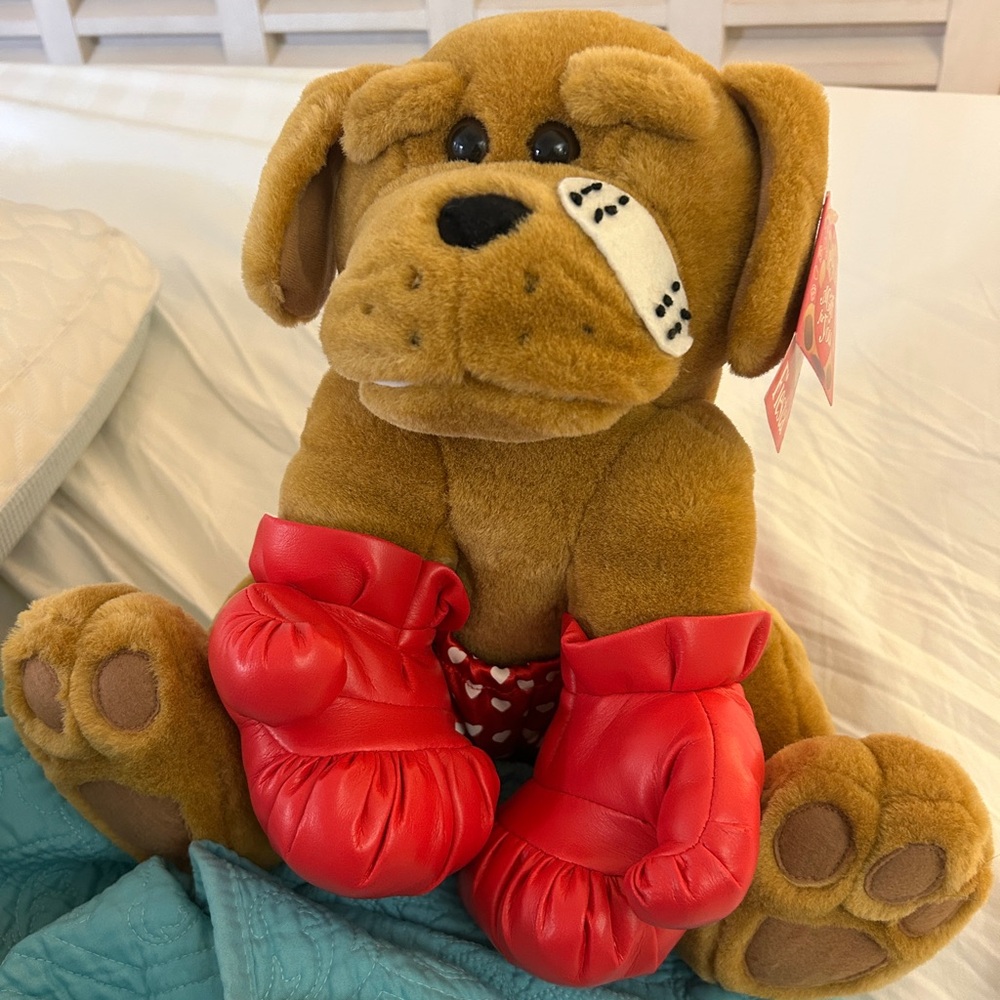 Fiesta Boxing Dog Plush Heart Trunks Bandage Eye Brown Puppy Dog Toy Vintage